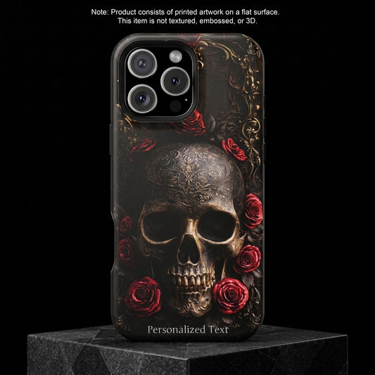 Personalized Gothic Skull and Red Roses Phone Case, Dark Floral Skeleton Case, Victorian Gothic Horror iPhone Samsung Galaxy Google Pixel Case