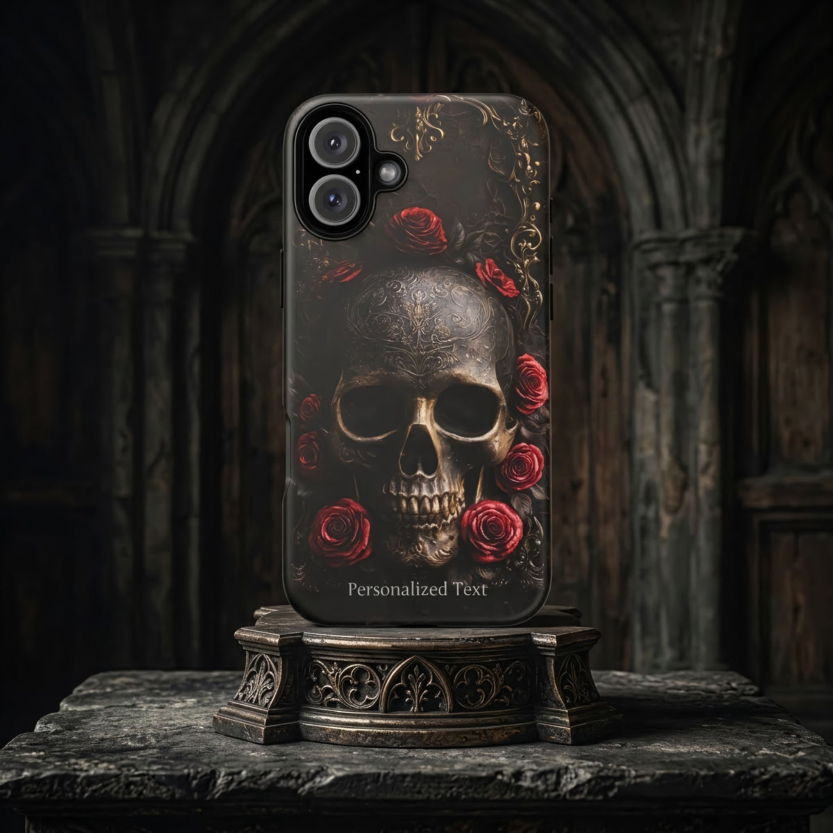 Personalized Gothic Skull and Red Roses Phone Case, Dark Floral Skeleton Case, Victorian Gothic Horror iPhone Samsung Galaxy Google Pixel Case