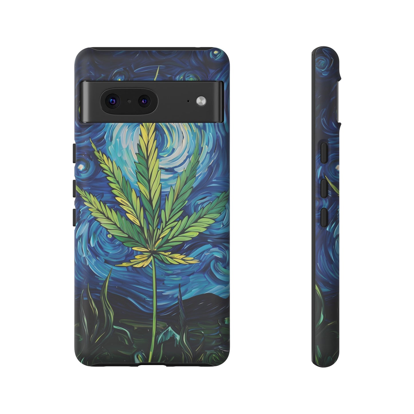 Pot Leaf Starry Night Phone Case – Artistic Marijuana Design for iPhone, Samsung Galaxy, and Google Pixel Devices