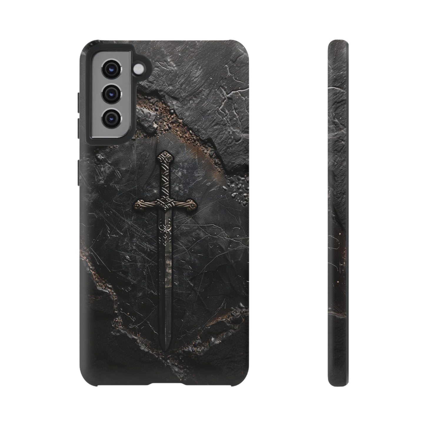 Medieval Sword Phone Case - Elegant Blade Design on Dark Stone Background for iPhone, Samsung Galaxy, and Google Pixel Devices