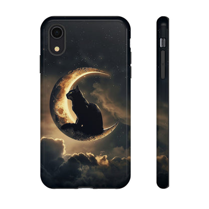 Black Cat on Crescent Moon Phone Case - Mystical Night Sky Design for iPhone, Samsung Galaxy, and Google Pixel Devices