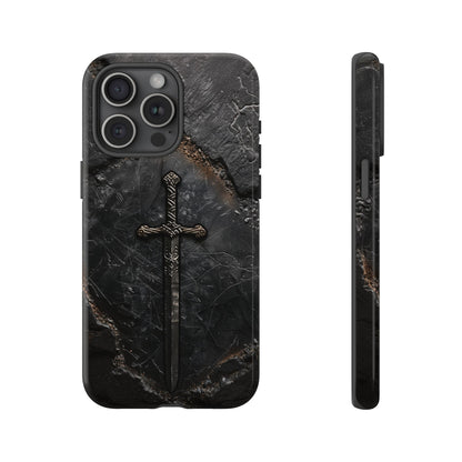 Medieval Sword Phone Case - Elegant Blade Design on Dark Stone Background for iPhone, Samsung Galaxy, and Google Pixel Devices