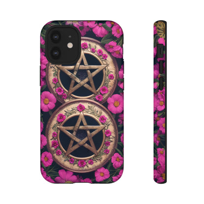 Pentacles in Pink Flowers Tough Phone Case – Mystical Floral Design for iPhone, Samsung Galaxy, and Google Pixel Devices