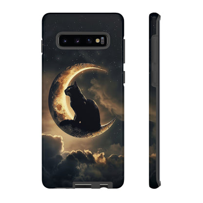 Black Cat on Crescent Moon Phone Case - Mystical Night Sky Design for iPhone, Samsung Galaxy, and Google Pixel Devices