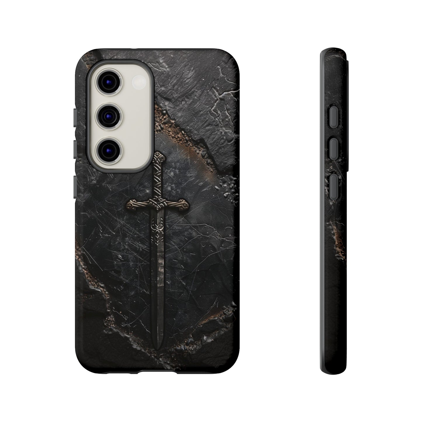 Medieval Sword Phone Case - Elegant Blade Design on Dark Stone Background for iPhone, Samsung Galaxy, and Google Pixel Devices