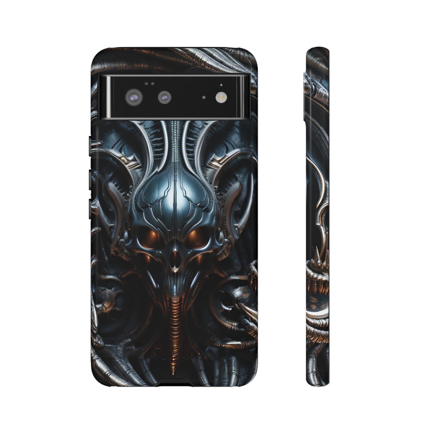 Metallic Alien Mask Phone Case – Futuristic Alien Horror Design for iPhone, Samsung Galaxy, and Google Pixel Devices