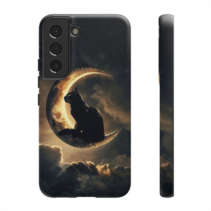 Black Cat on Crescent Moon Phone Case - Mystical Night Sky Design for iPhone, Samsung Galaxy, and Google Pixel Devices