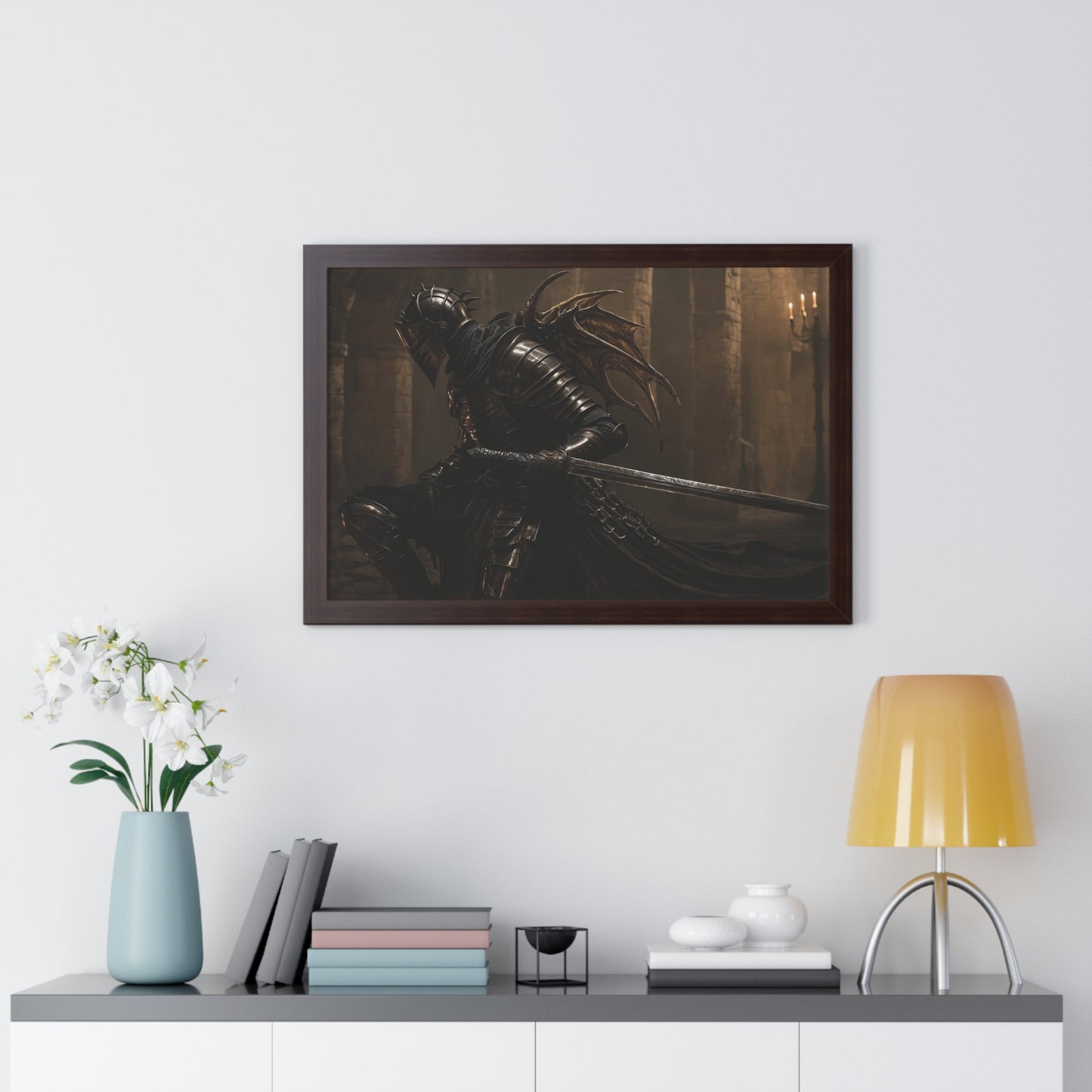 Framed Poster of a Dark Gothic Knight in Candlelit Medieval Castle - Fantasy Wall Art Decor