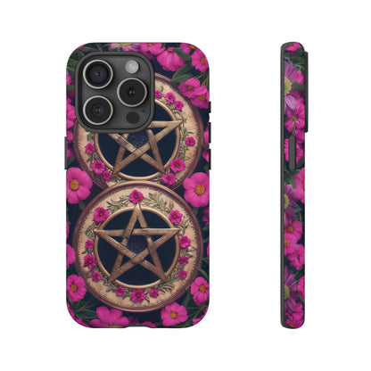 Pentacles in Pink Flowers Tough Phone Case – Mystical Floral Design for iPhone, Samsung Galaxy, and Google Pixel Devices