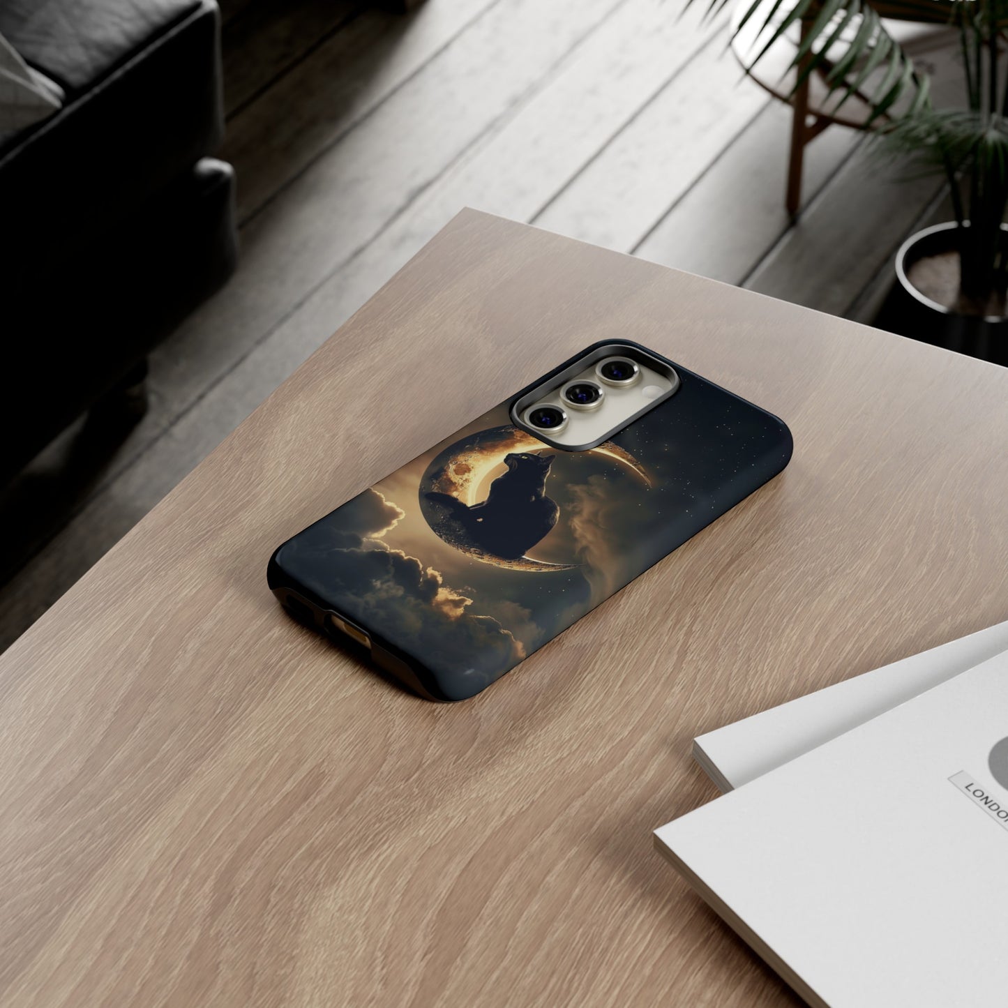 Black Cat on Crescent Moon Phone Case - Mystical Night Sky Design for iPhone, Samsung Galaxy, and Google Pixel Devices