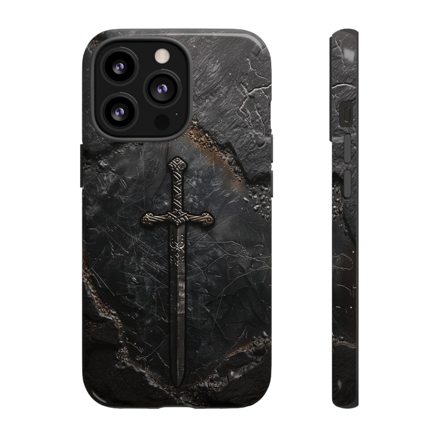 Medieval Sword Phone Case - Elegant Blade Design on Dark Stone Background for iPhone, Samsung Galaxy, and Google Pixel Devices