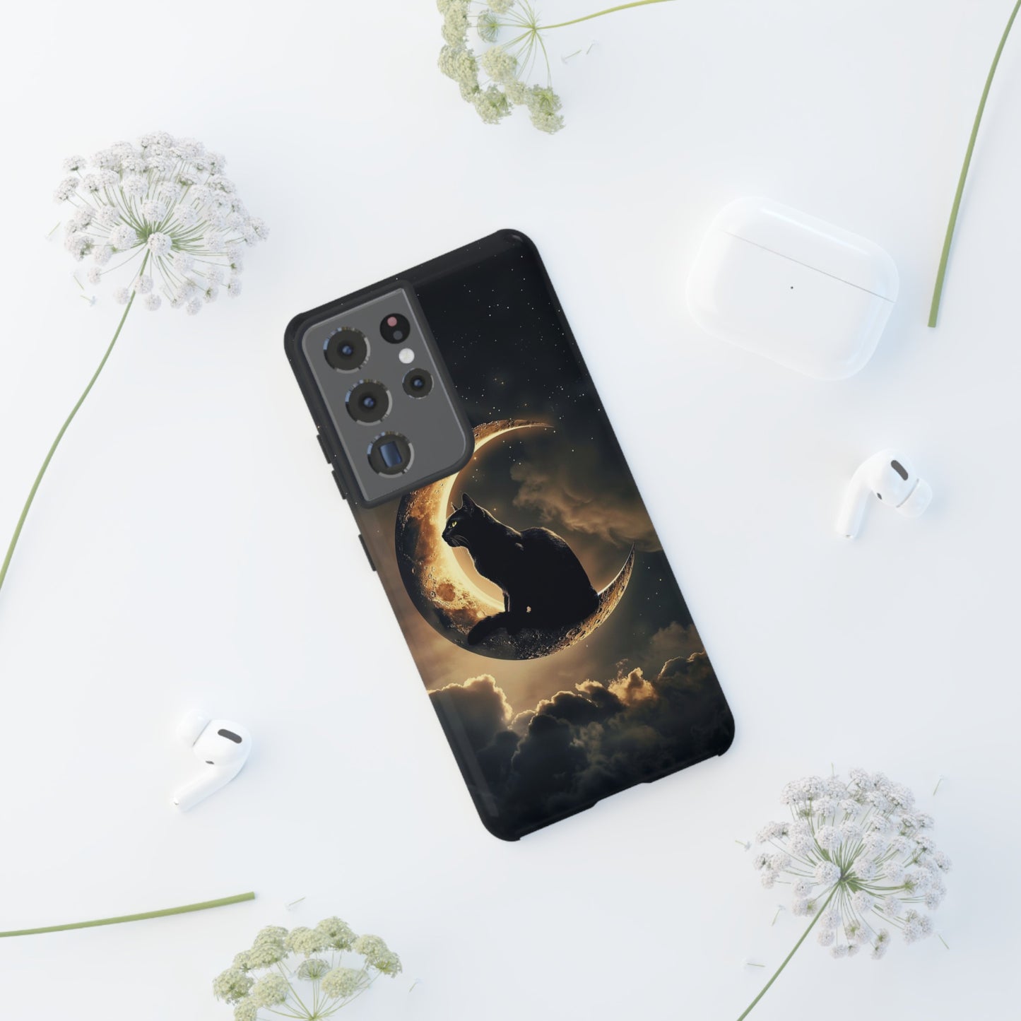 Black Cat on Crescent Moon Phone Case - Mystical Night Sky Design for iPhone, Samsung Galaxy, and Google Pixel Devices