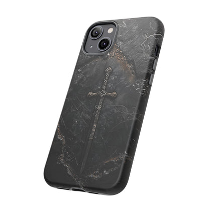 Medieval Sword Phone Case - Elegant Blade Design on Dark Stone Background for iPhone, Samsung Galaxy, and Google Pixel Devices