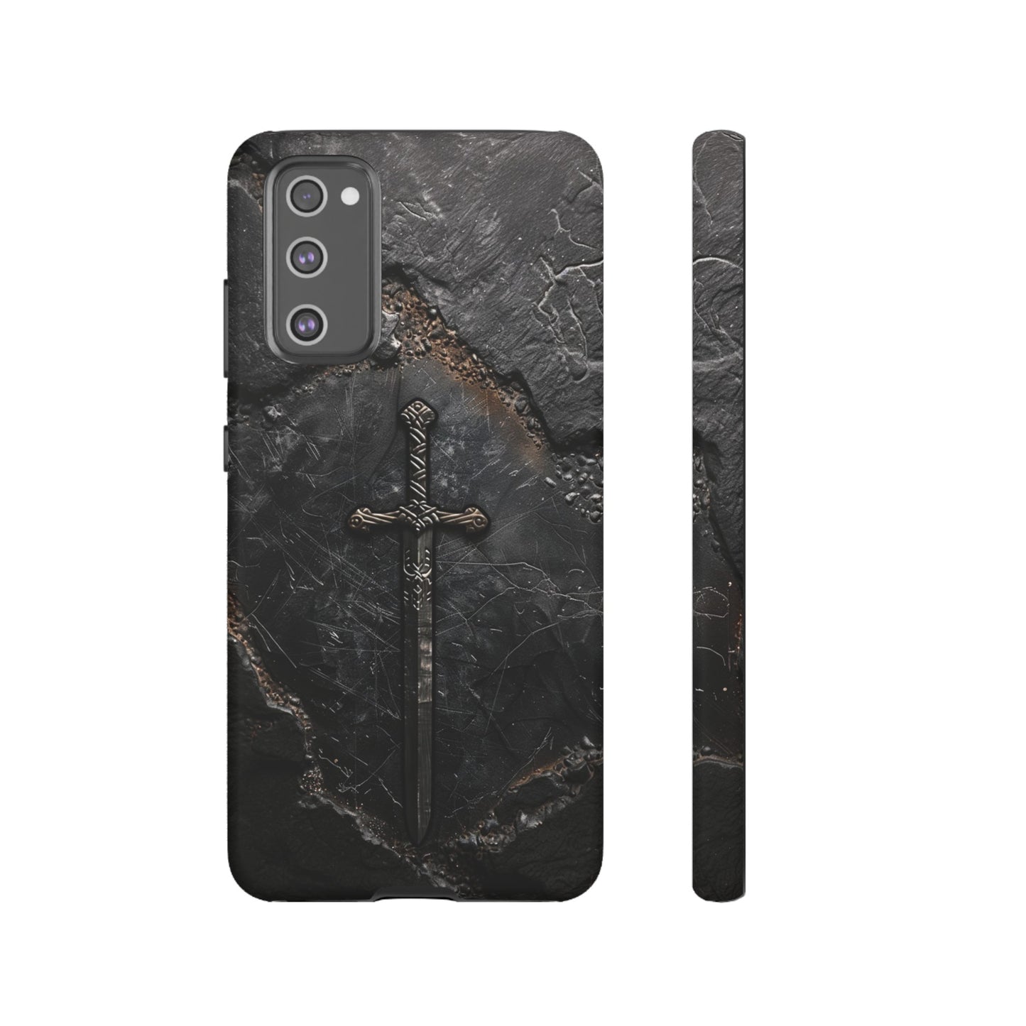 Medieval Sword Phone Case - Elegant Blade Design on Dark Stone Background for iPhone, Samsung Galaxy, and Google Pixel Devices