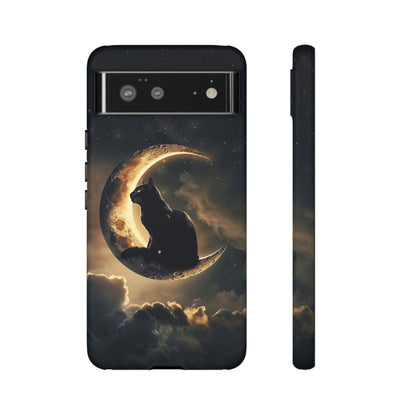 Black Cat on Crescent Moon Phone Case - Mystical Night Sky Design for iPhone, Samsung Galaxy, and Google Pixel Devices