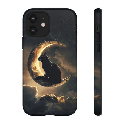 Black Cat on Crescent Moon Phone Case - Mystical Night Sky Design for iPhone, Samsung Galaxy, and Google Pixel Devices