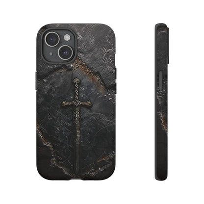 Medieval Sword Phone Case - Elegant Blade Design on Dark Stone Background for iPhone, Samsung Galaxy, and Google Pixel Devices