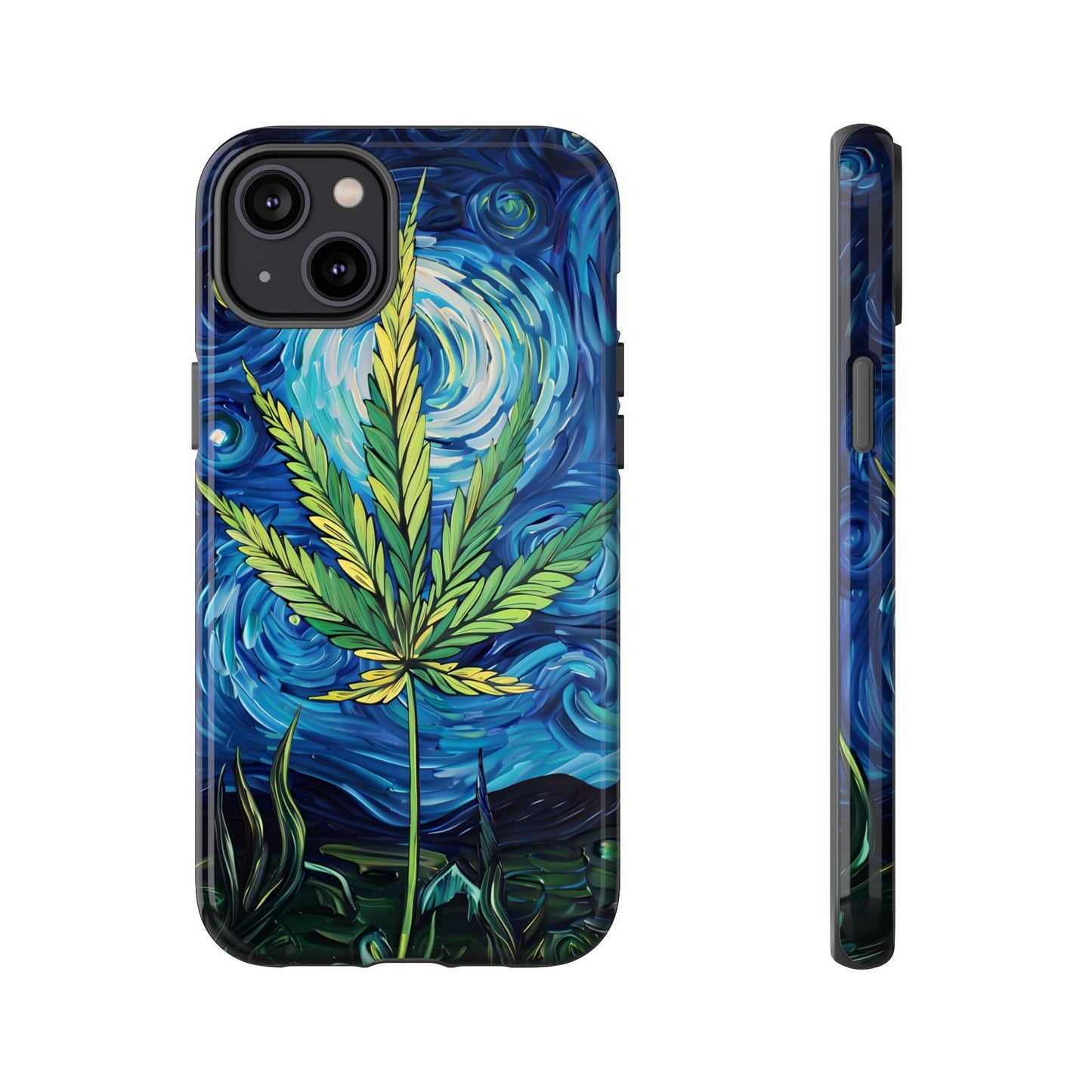 Pot Leaf Starry Night Phone Case – Artistic Marijuana Design for iPhone, Samsung Galaxy, and Google Pixel Devices