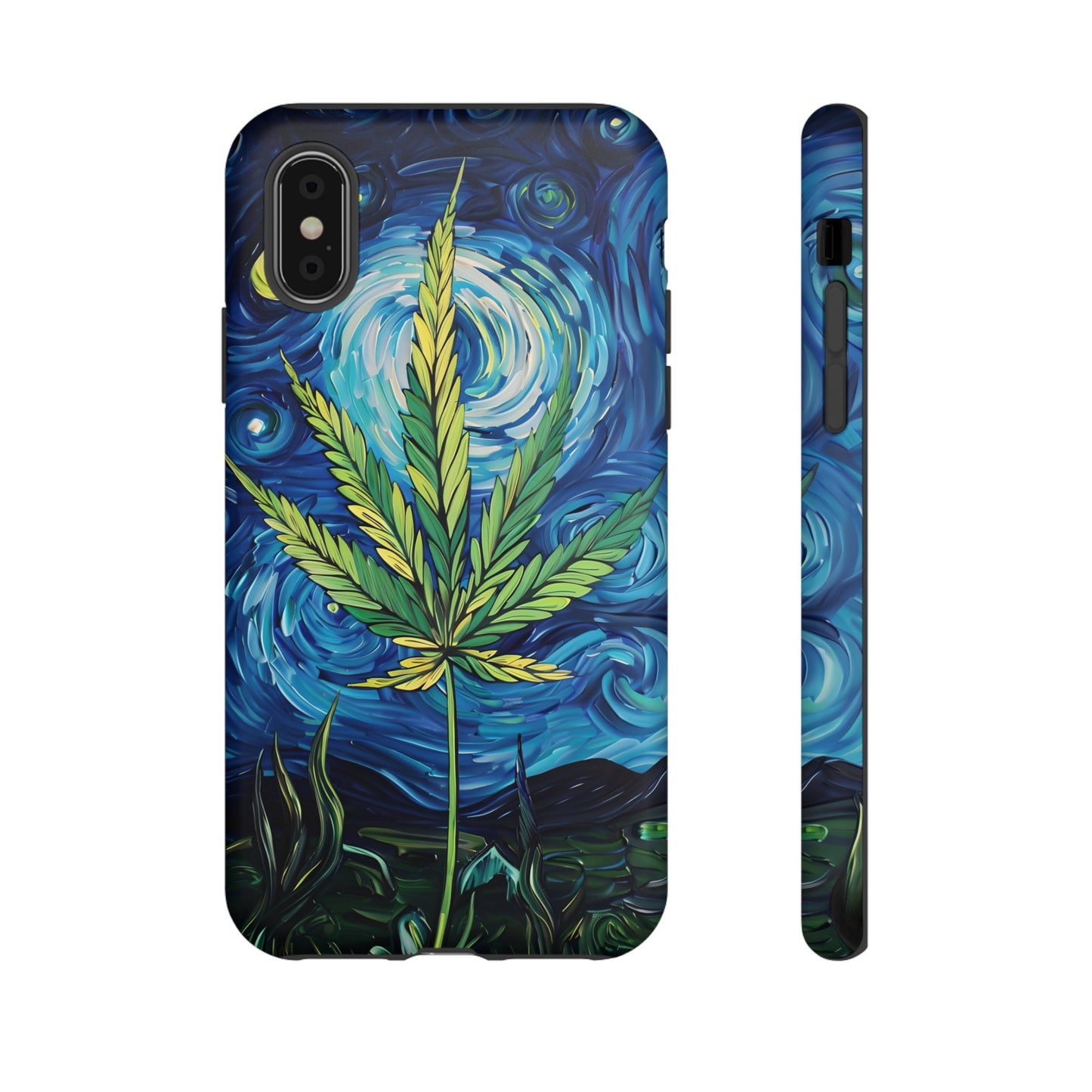 Pot Leaf Starry Night Phone Case – Artistic Marijuana Design for iPhone, Samsung Galaxy, and Google Pixel Devices