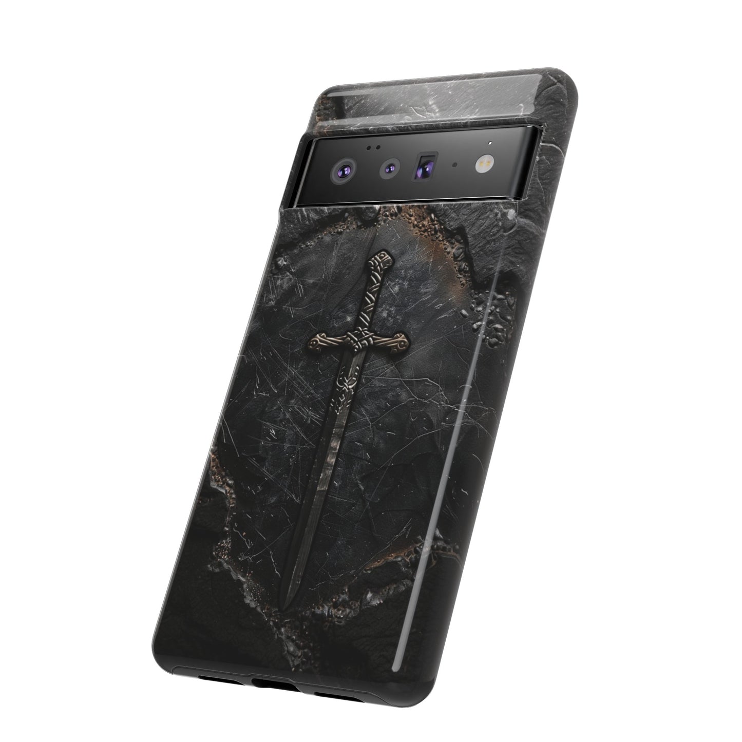 Medieval Sword Phone Case - Elegant Blade Design on Dark Stone Background for iPhone, Samsung Galaxy, and Google Pixel Devices