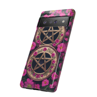 Pentacles in Pink Flowers Tough Phone Case – Mystical Floral Design for iPhone, Samsung Galaxy, and Google Pixel Devices