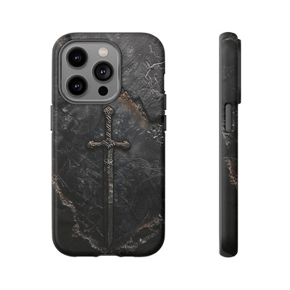 Medieval Sword Phone Case - Elegant Blade Design on Dark Stone Background for iPhone, Samsung Galaxy, and Google Pixel Devices