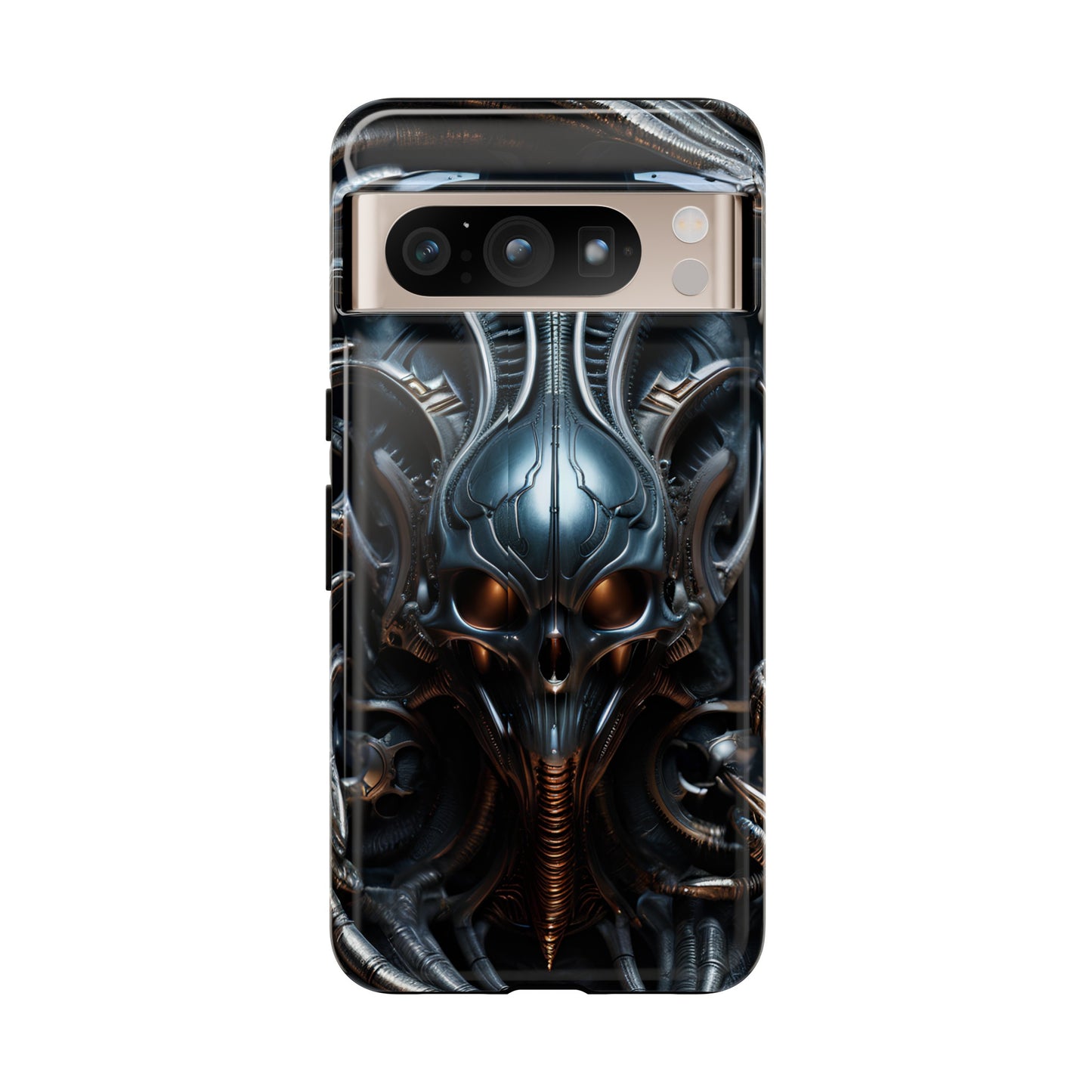 Metallic Alien Mask Phone Case – Futuristic Alien Horror Design for iPhone, Samsung Galaxy, and Google Pixel Devices