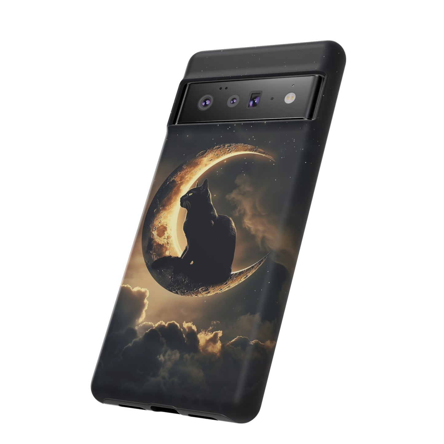 Black Cat on Crescent Moon Phone Case - Mystical Night Sky Design for iPhone, Samsung Galaxy, and Google Pixel Devices