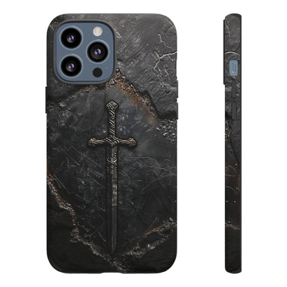 Medieval Sword Phone Case - Elegant Blade Design on Dark Stone Background for iPhone, Samsung Galaxy, and Google Pixel Devices