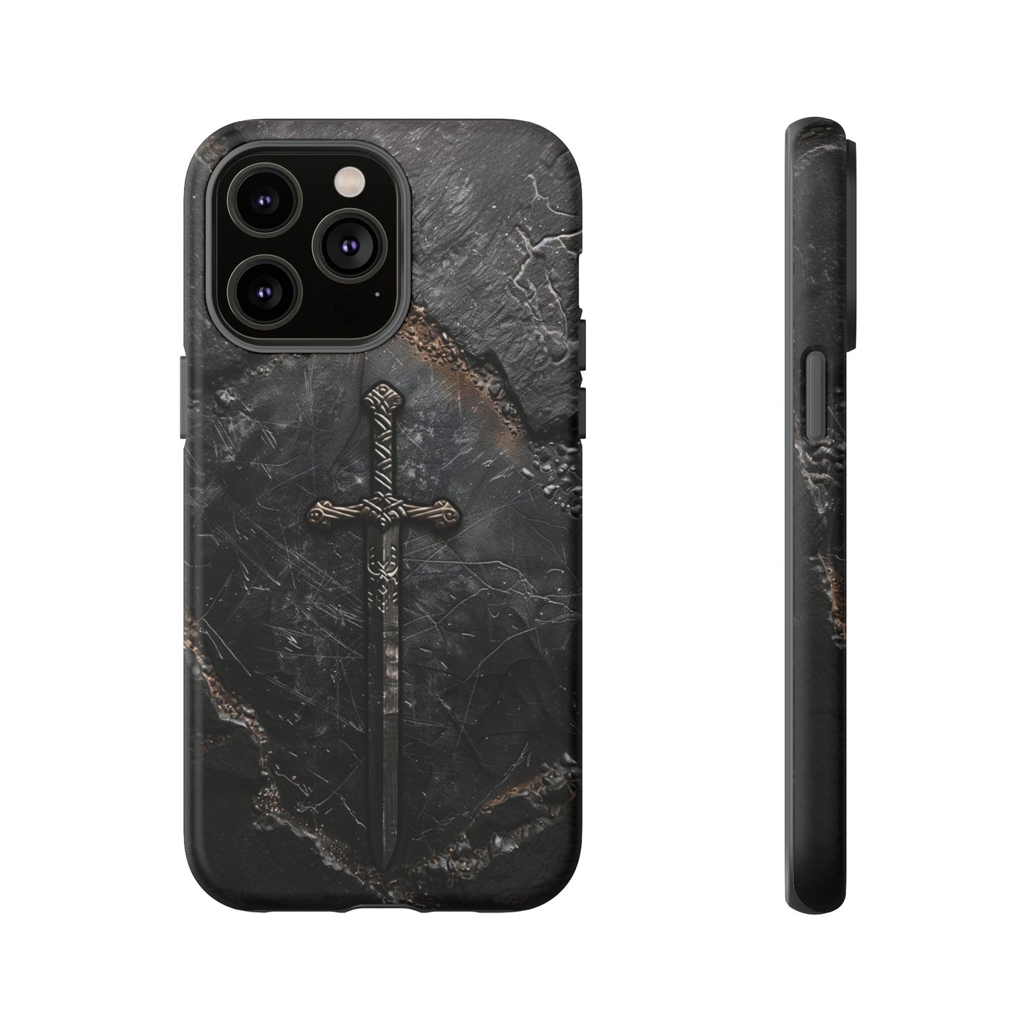 Medieval Sword Phone Case - Elegant Blade Design on Dark Stone Background for iPhone, Samsung Galaxy, and Google Pixel Devices