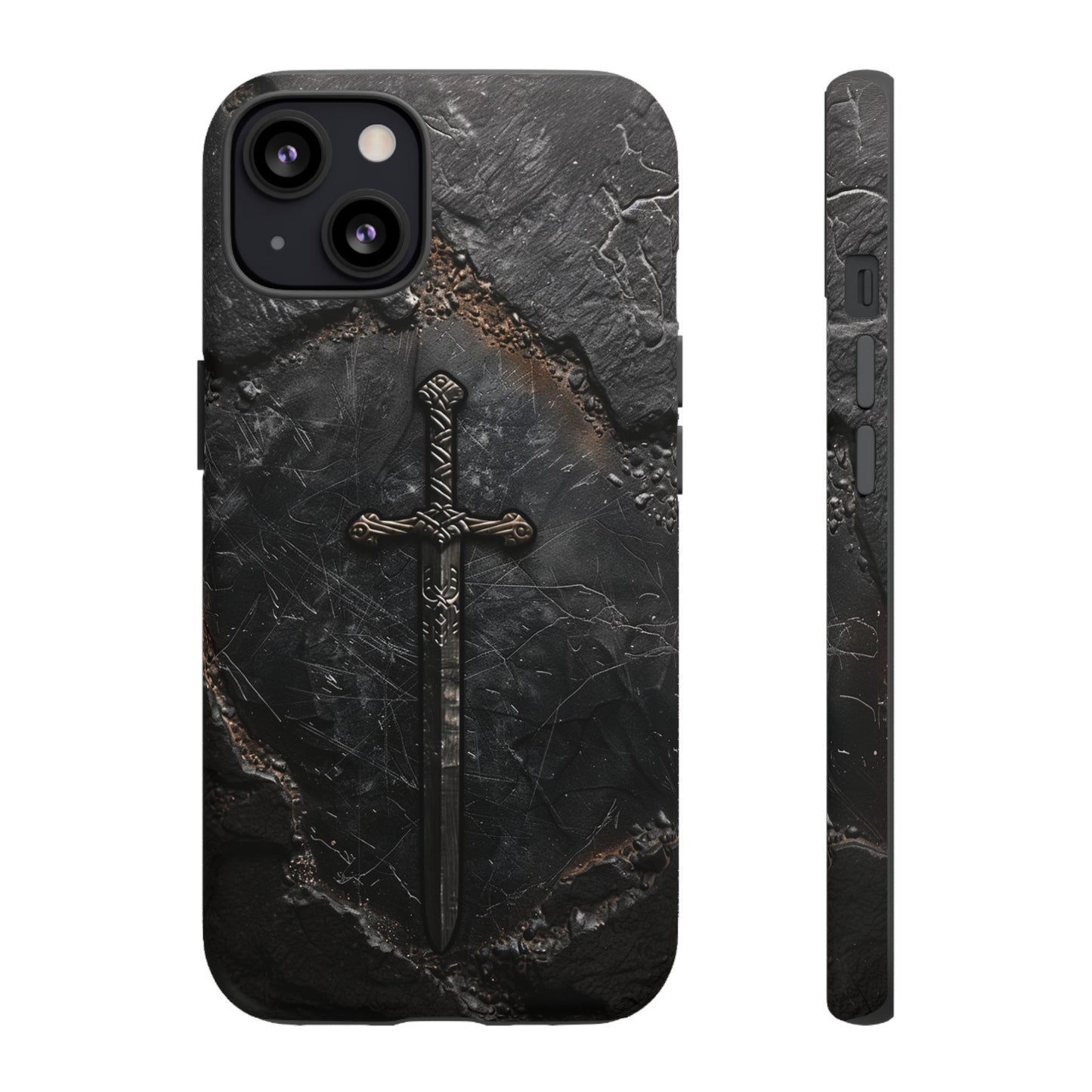 Medieval Sword Phone Case - Elegant Blade Design on Dark Stone Background for iPhone, Samsung Galaxy, and Google Pixel Devices