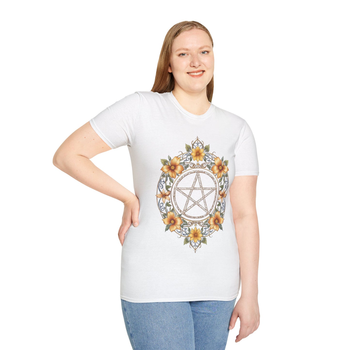 Pentacle Flower T-Shirt – Mystical Floral Pentagram Design for Wiccan and Pagan Fashion