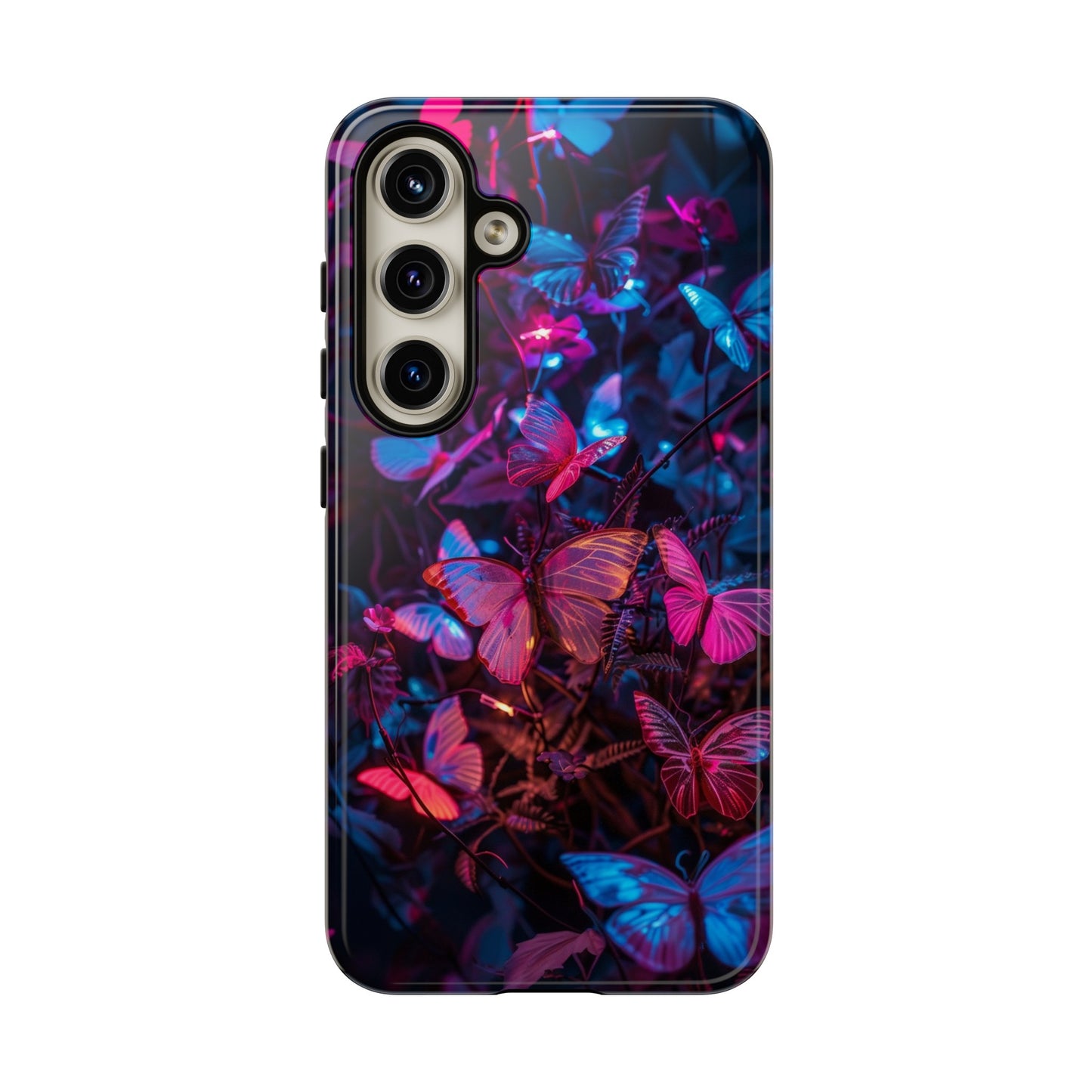 Neon Butterfly Garden Phone Case - Vibrant Nighttime Design for iPhone, Samsung Galaxy, and Google Pixel Devices