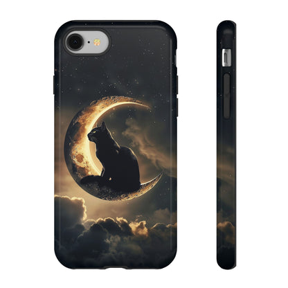 Black Cat on Crescent Moon Phone Case - Mystical Night Sky Design for iPhone, Samsung Galaxy, and Google Pixel Devices