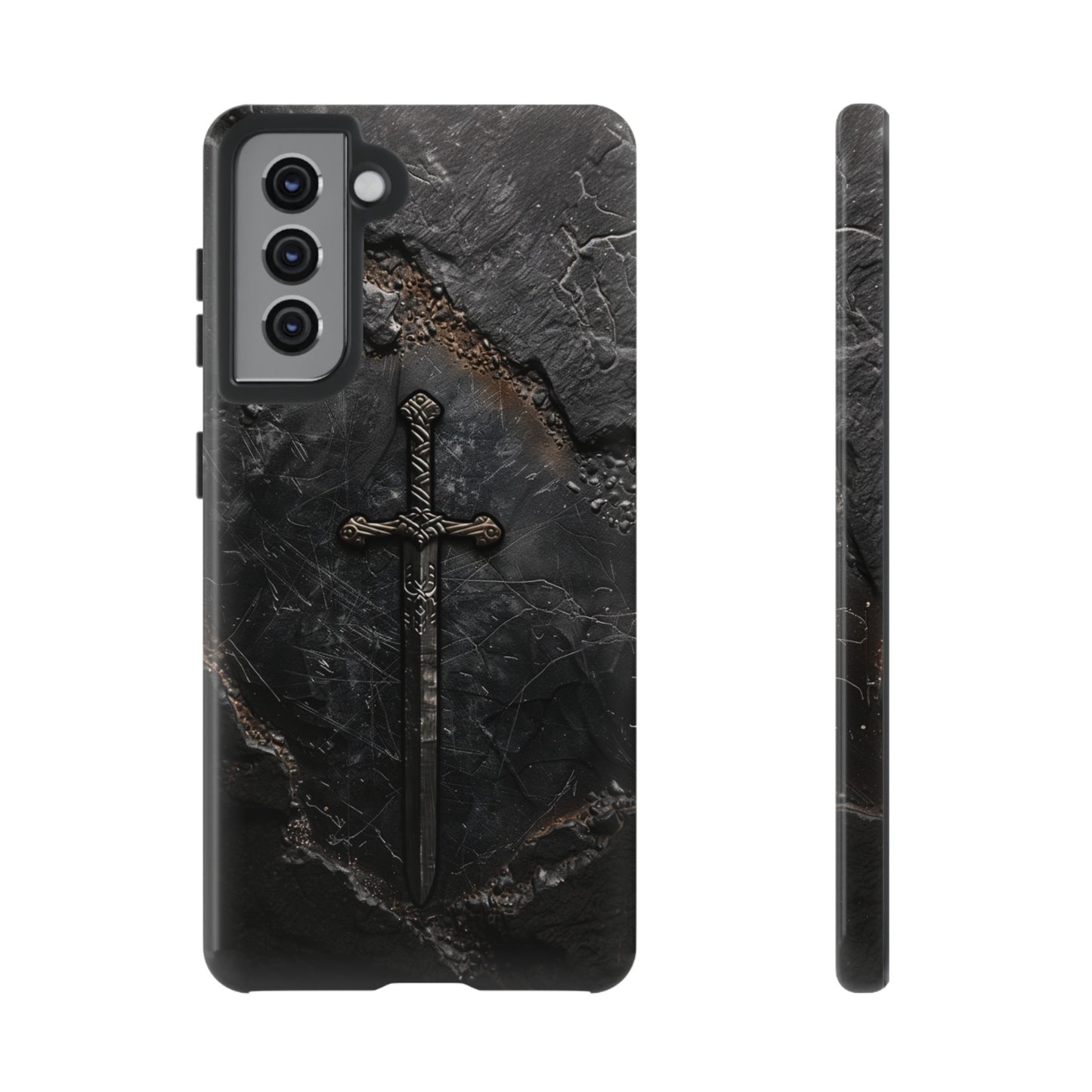 Medieval Sword Phone Case - Elegant Blade Design on Dark Stone Background for iPhone, Samsung Galaxy, and Google Pixel Devices