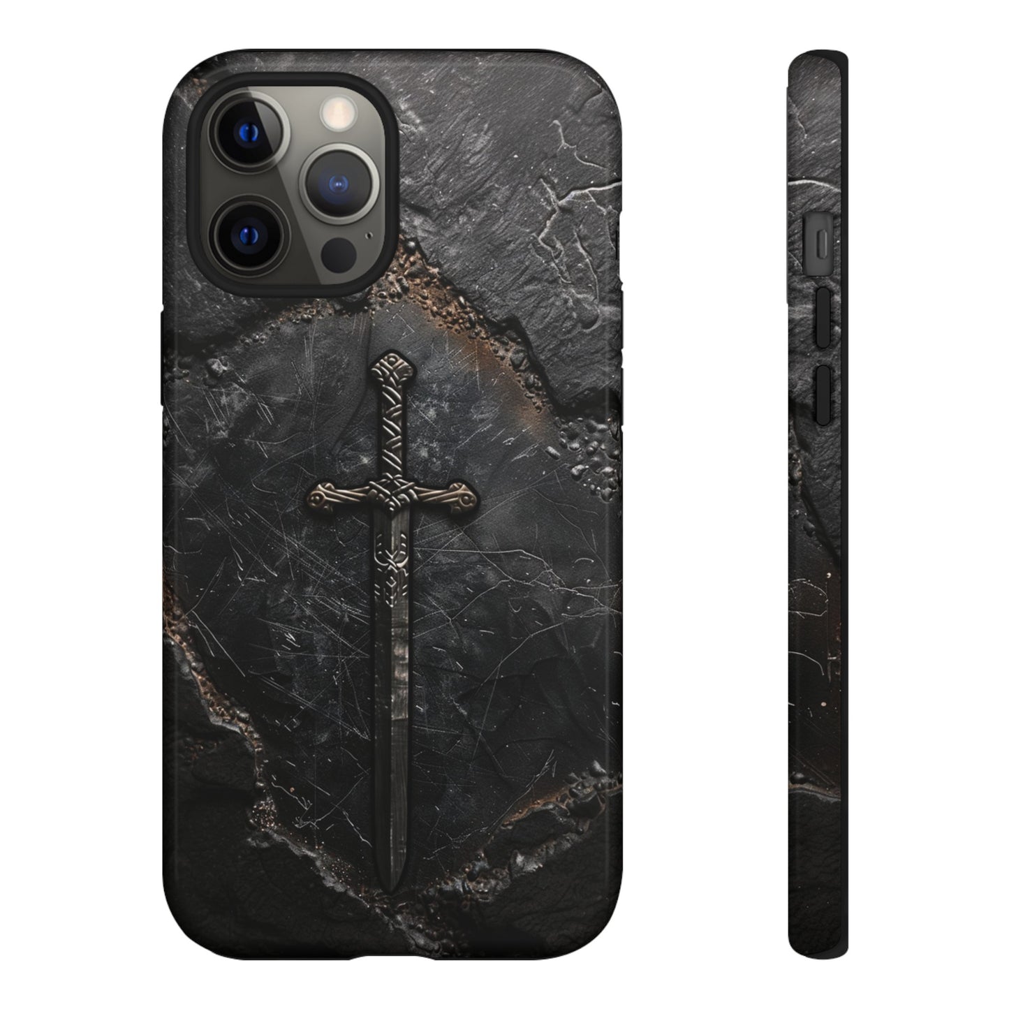 Medieval Sword Phone Case - Elegant Blade Design on Dark Stone Background for iPhone, Samsung Galaxy, and Google Pixel Devices