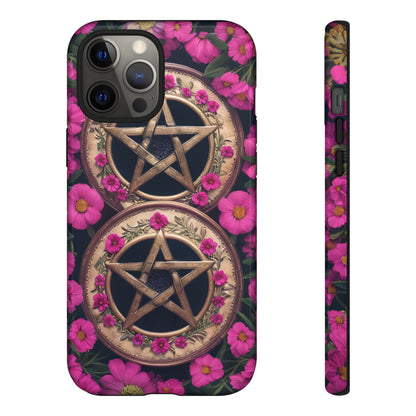 Pentacles in Pink Flowers Tough Phone Case – Mystical Floral Design for iPhone, Samsung Galaxy, and Google Pixel Devices