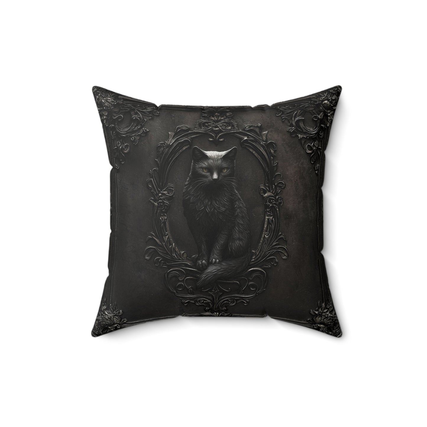 Black Cat Gothic Decor Pillow - Elegant Spun Polyester Throw Pillow with Ornate Frame Design