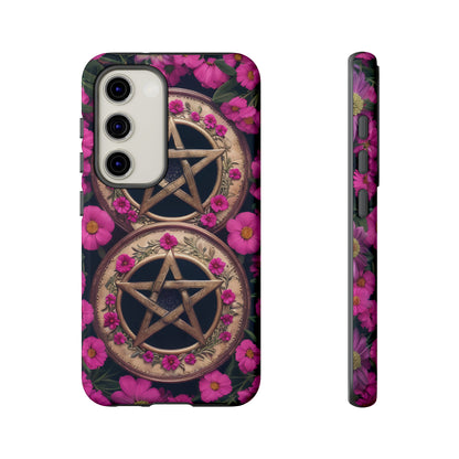 Pentacles in Pink Flowers Tough Phone Case – Mystical Floral Design for iPhone, Samsung Galaxy, and Google Pixel Devices