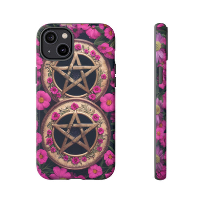 Pentacles in Pink Flowers Tough Phone Case – Mystical Floral Design for iPhone, Samsung Galaxy, and Google Pixel Devices