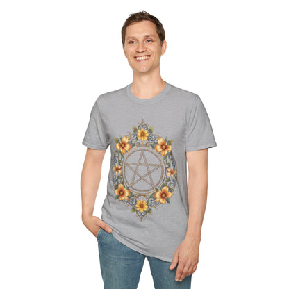 Pentacle Flower T-Shirt – Mystical Floral Pentagram Design for Wiccan and Pagan Fashion