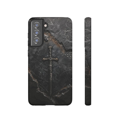 Medieval Sword Phone Case - Elegant Blade Design on Dark Stone Background for iPhone, Samsung Galaxy, and Google Pixel Devices