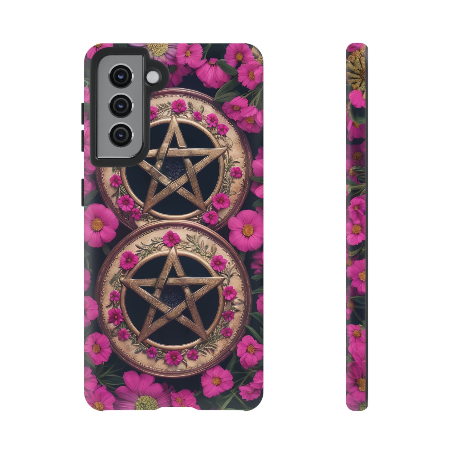 Pentacles in Pink Flowers Tough Phone Case – Mystical Floral Design for iPhone, Samsung Galaxy, and Google Pixel Devices