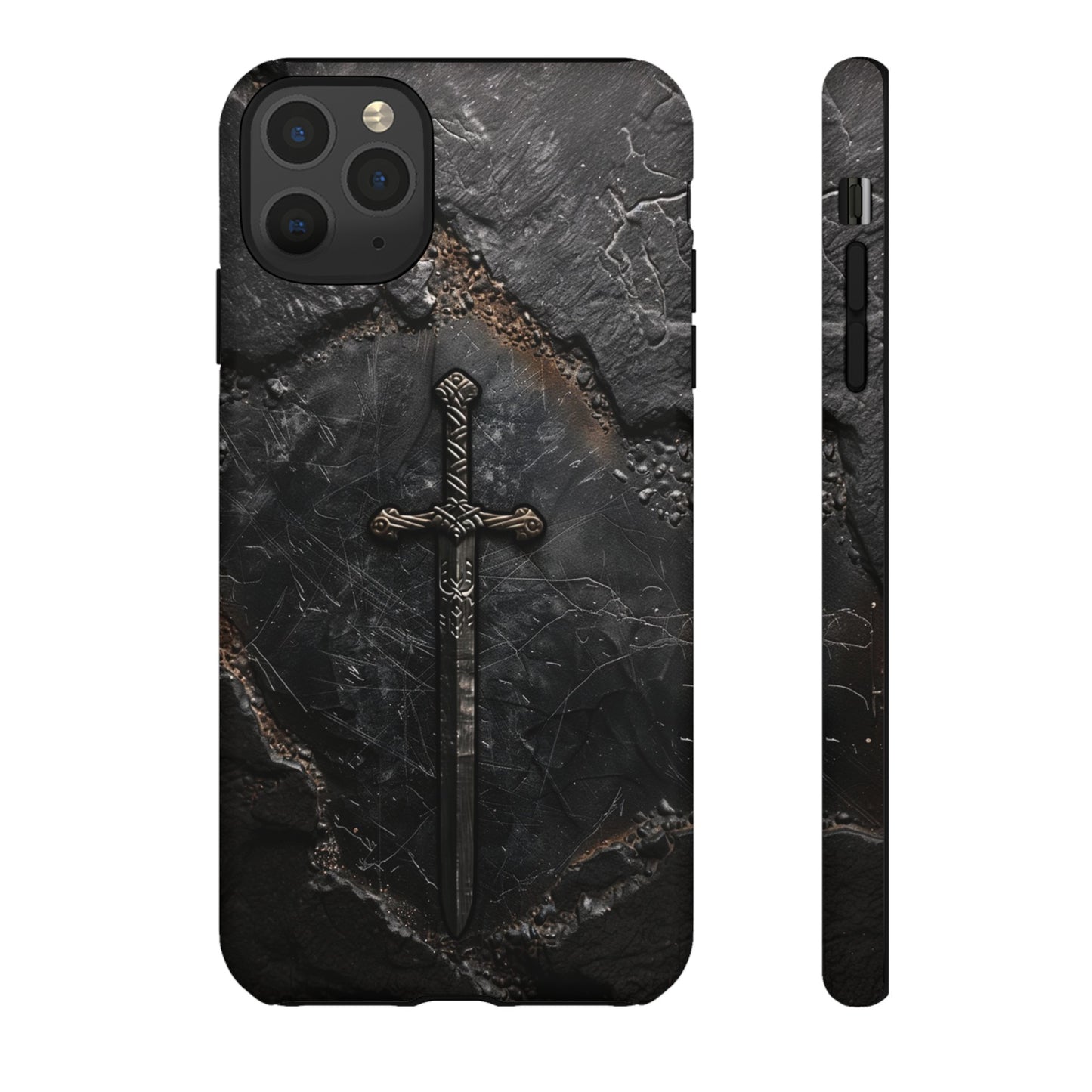 Medieval Sword Phone Case - Elegant Blade Design on Dark Stone Background for iPhone, Samsung Galaxy, and Google Pixel Devices