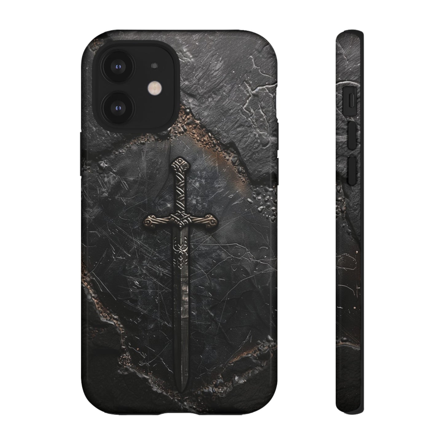 Medieval Sword Phone Case - Elegant Blade Design on Dark Stone Background for iPhone, Samsung Galaxy, and Google Pixel Devices