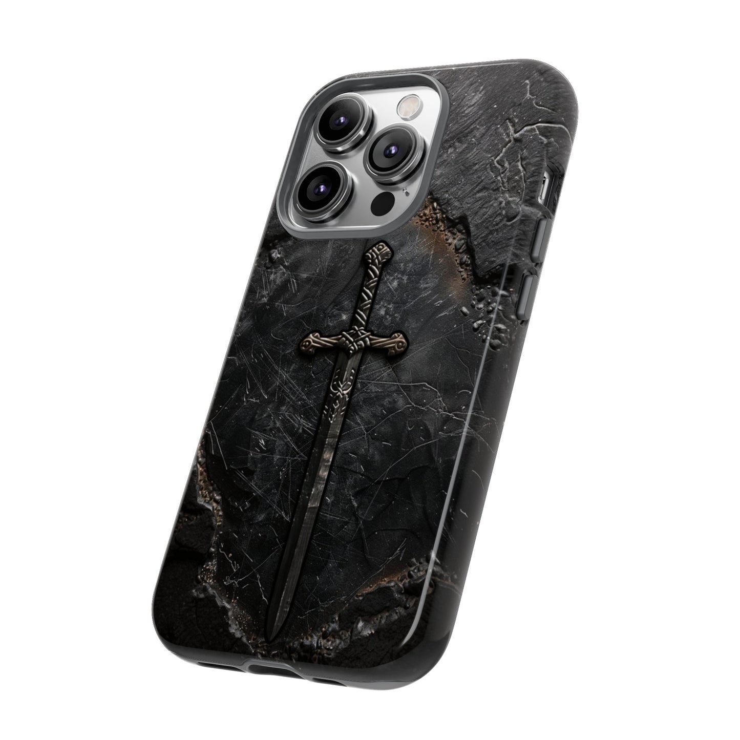 Medieval Sword Phone Case - Elegant Blade Design on Dark Stone Background for iPhone, Samsung Galaxy, and Google Pixel Devices