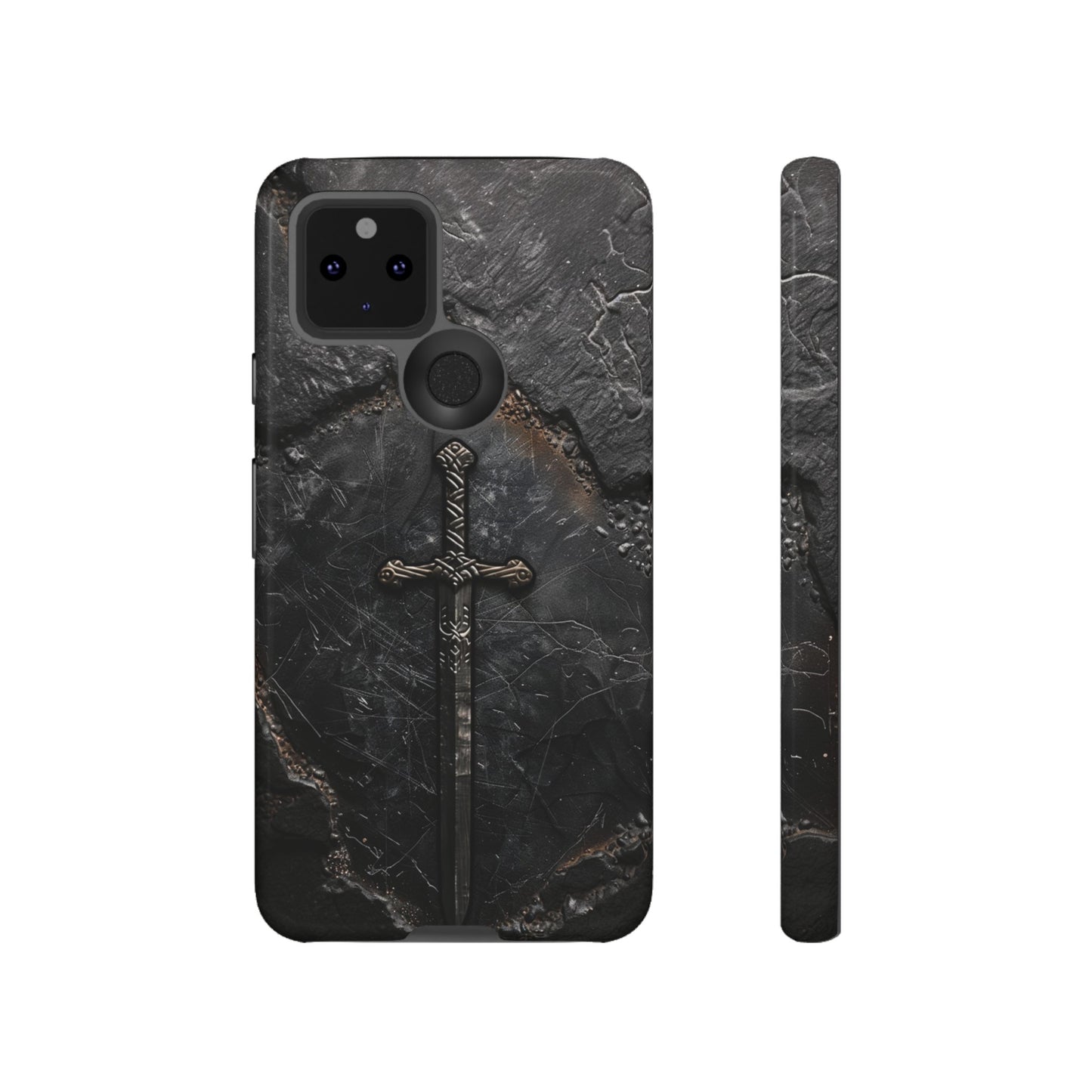 Medieval Sword Phone Case - Elegant Blade Design on Dark Stone Background for iPhone, Samsung Galaxy, and Google Pixel Devices