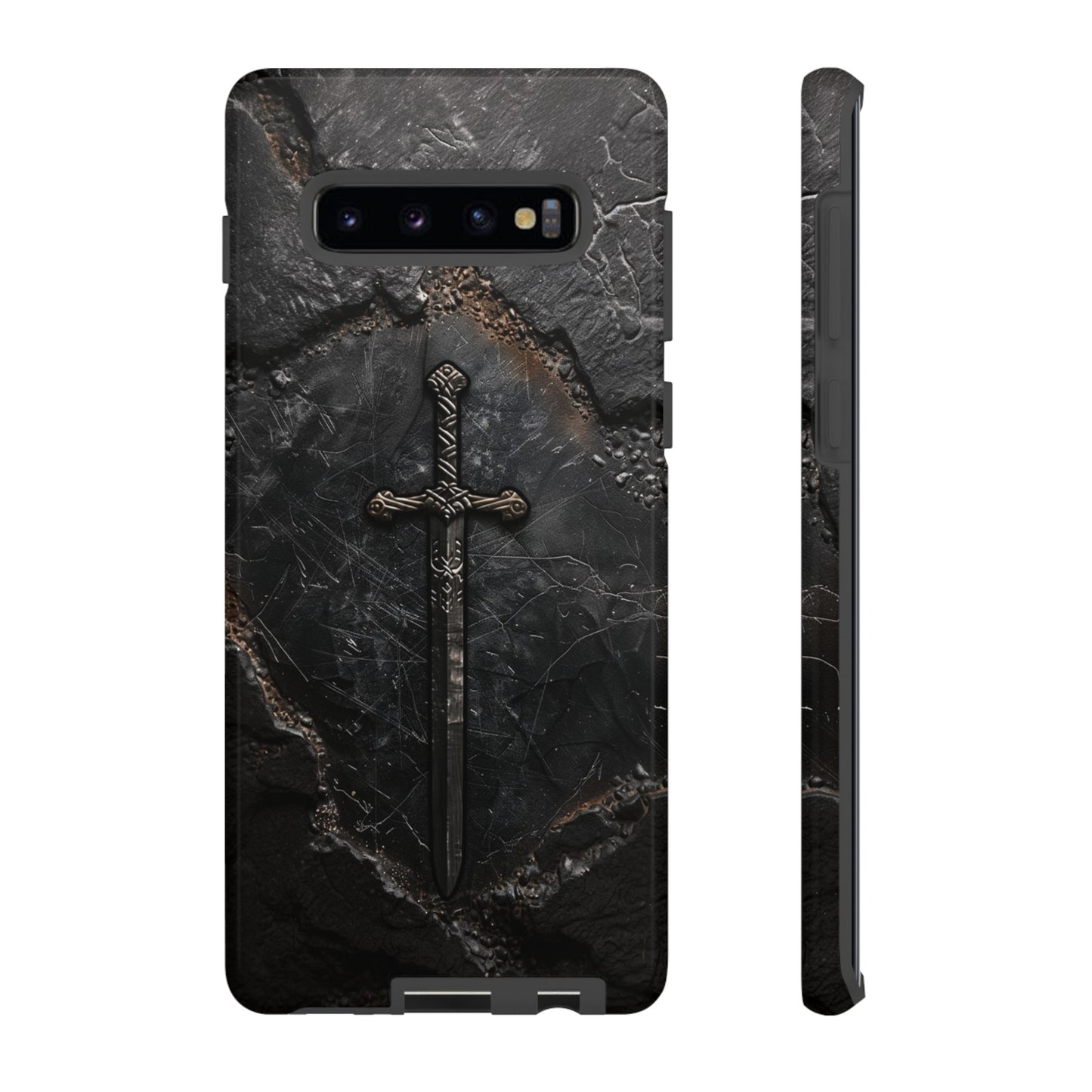 Medieval Sword Phone Case - Elegant Blade Design on Dark Stone Background for iPhone, Samsung Galaxy, and Google Pixel Devices