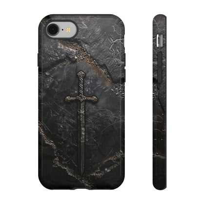 Medieval Sword Phone Case - Elegant Blade Design on Dark Stone Background for iPhone, Samsung Galaxy, and Google Pixel Devices