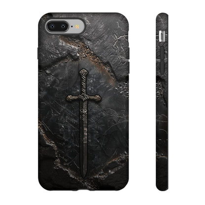 Medieval Sword Phone Case - Elegant Blade Design on Dark Stone Background for iPhone, Samsung Galaxy, and Google Pixel Devices